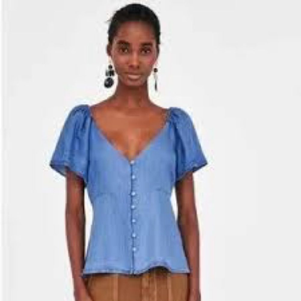 Zara Woman Premium Denim Collection Fitted Chambray Blouse